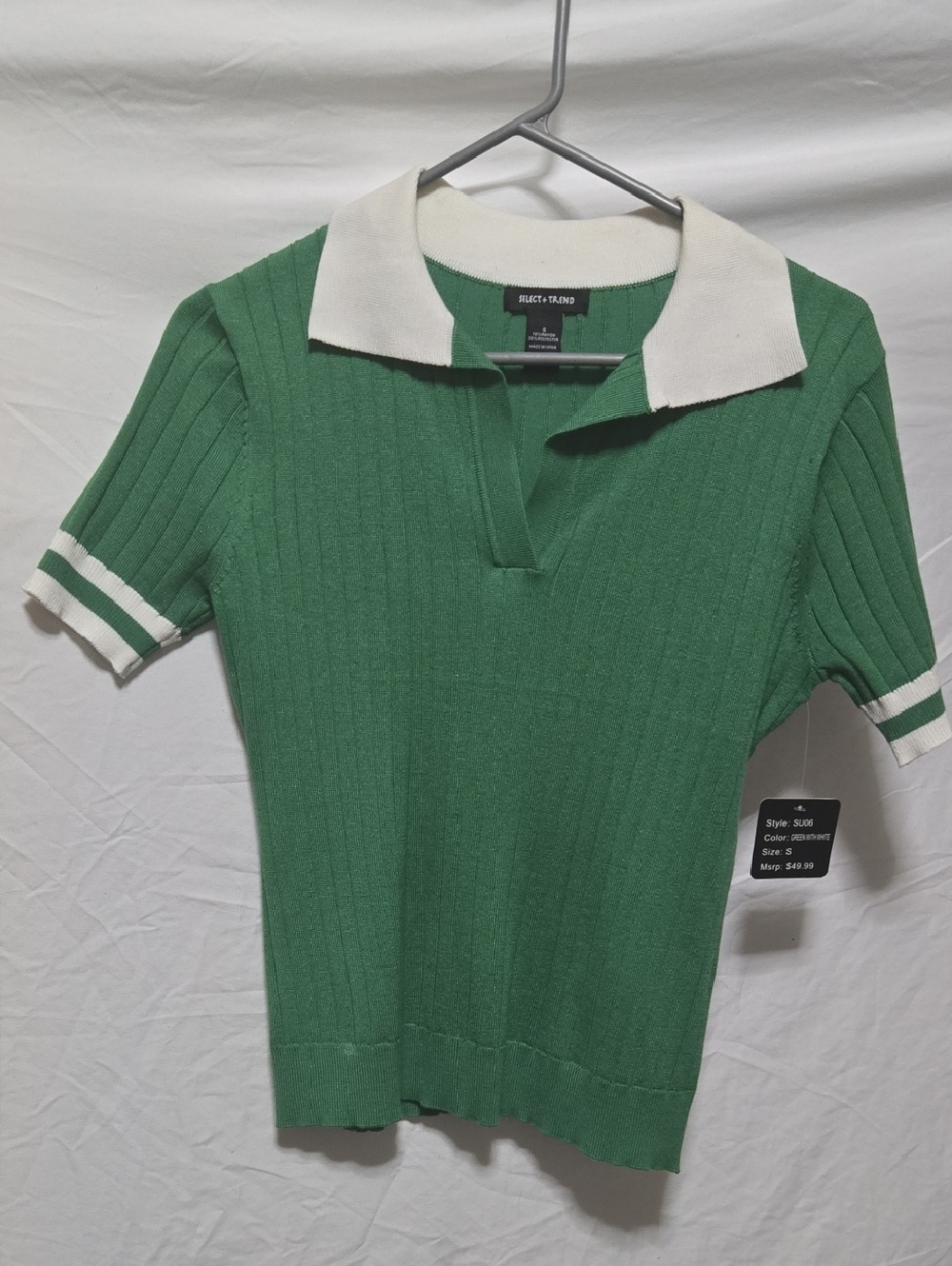 Select+Trend Green Polo Knit Top with White Trim